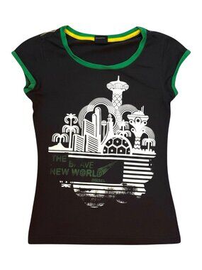 Diesel Graphic Baby Tee XS Black Green Trim “Brave New World” Y2K